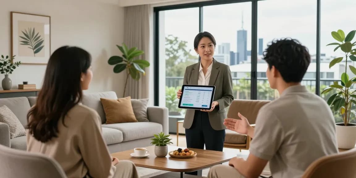 Auckland short-term rental management consultation in a stylish living room with city views.