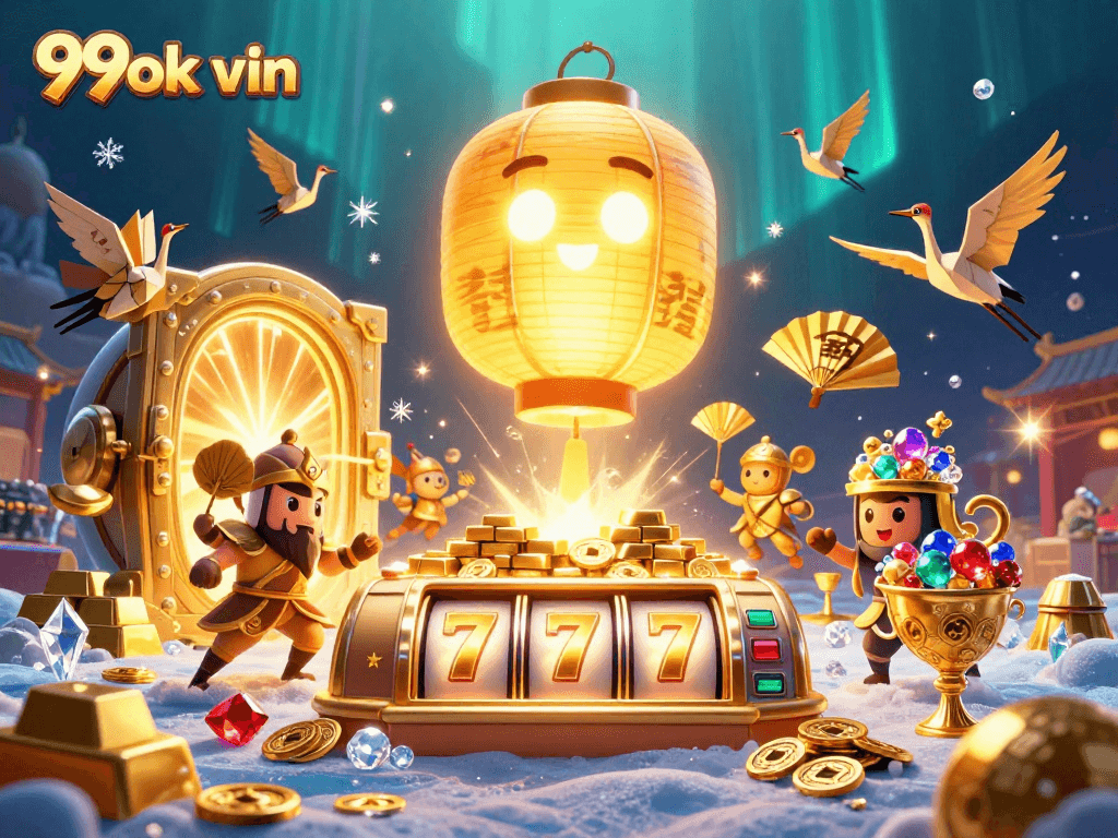 Experience the excitement of 99ok vin with vibrant slot games and golden treasures in an engaging casino scene.