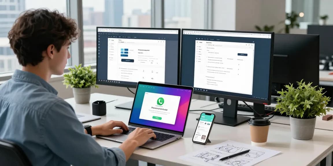 Engaging tech workspace with WhatsApp下載 displayed on a laptop, illustrating digital communication.