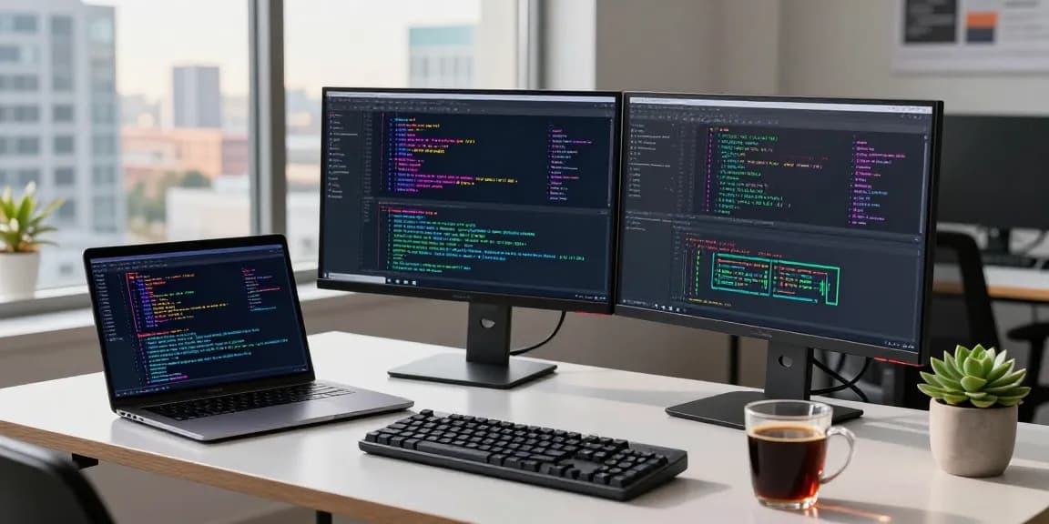 AI laptop in a vibrant tech workspace, showcasing a productive coding environment with dual monitors and modern accessories.