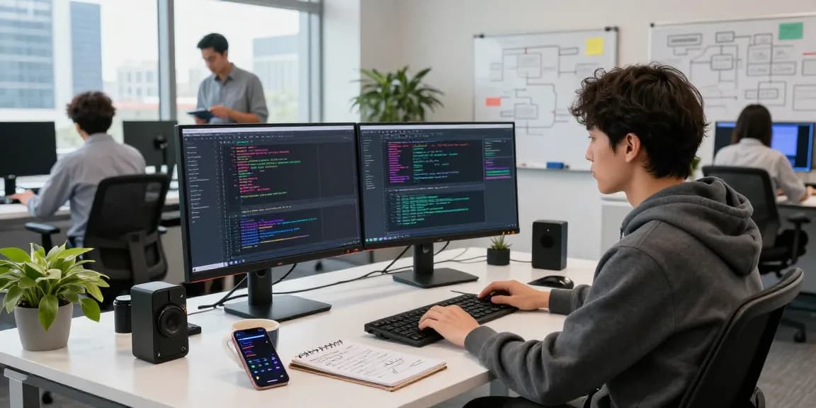 Build internal tools with AI in a modern tech workspace showcasing coding activity and collaboration.