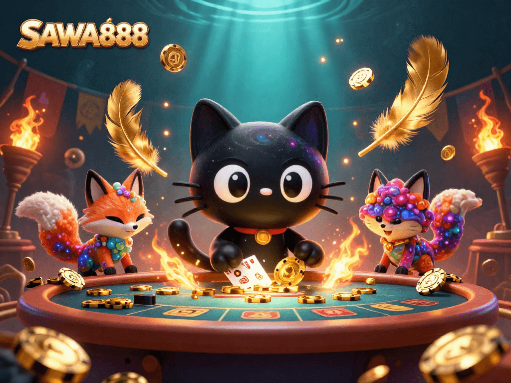Experience winning with SAWA888 as the cosmic cat and nebula fox engage in a vibrant cosmic casino.