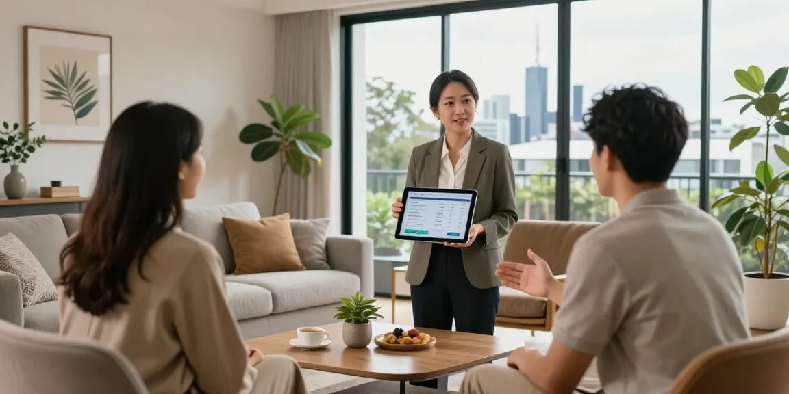 Auckland short-term rental management consultation in a stylish living room with city views.