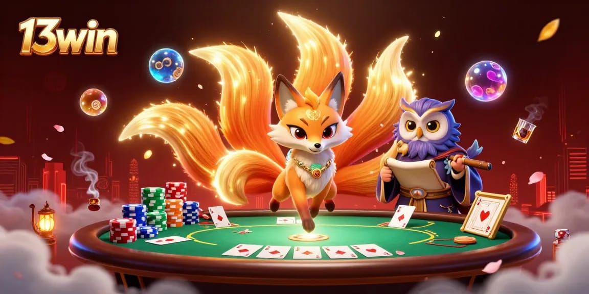 Experience the thrill of 13win's poker table with vibrant elements and glowing characters.
