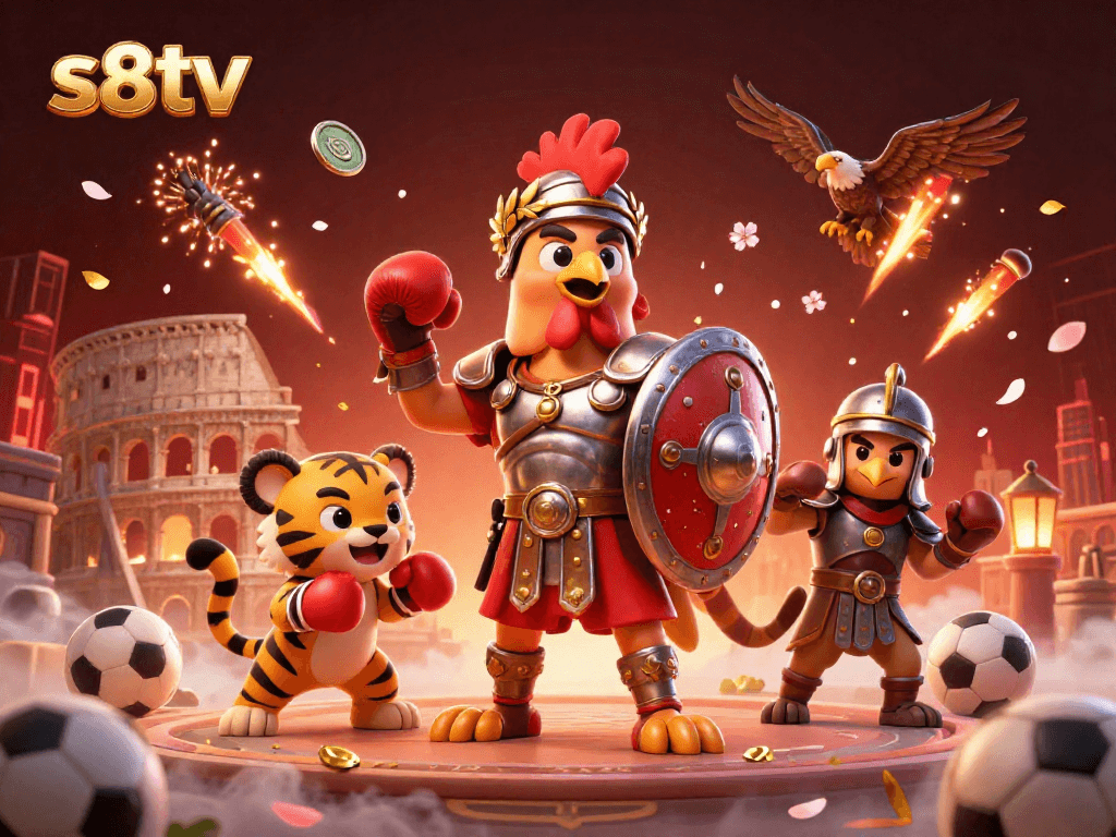 Experience thrilling sports betting at s8tv with a dynamic 3D illustration showcasing engaging characters and gambling elements.