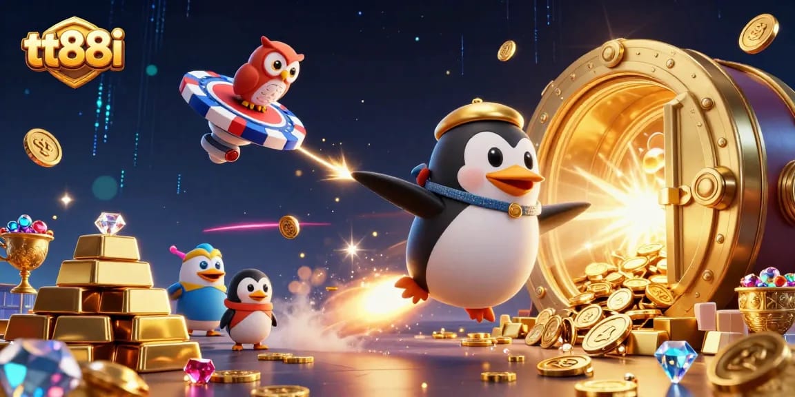 Experience exciting gameplay with tt88i as a golden penguin zooms past a glittering casino chip