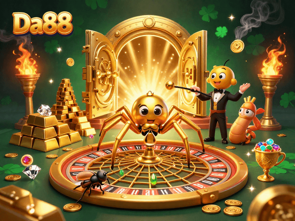 Bet big at Da88: Golden spider and centipede croupier illustrate thrilling casino action.