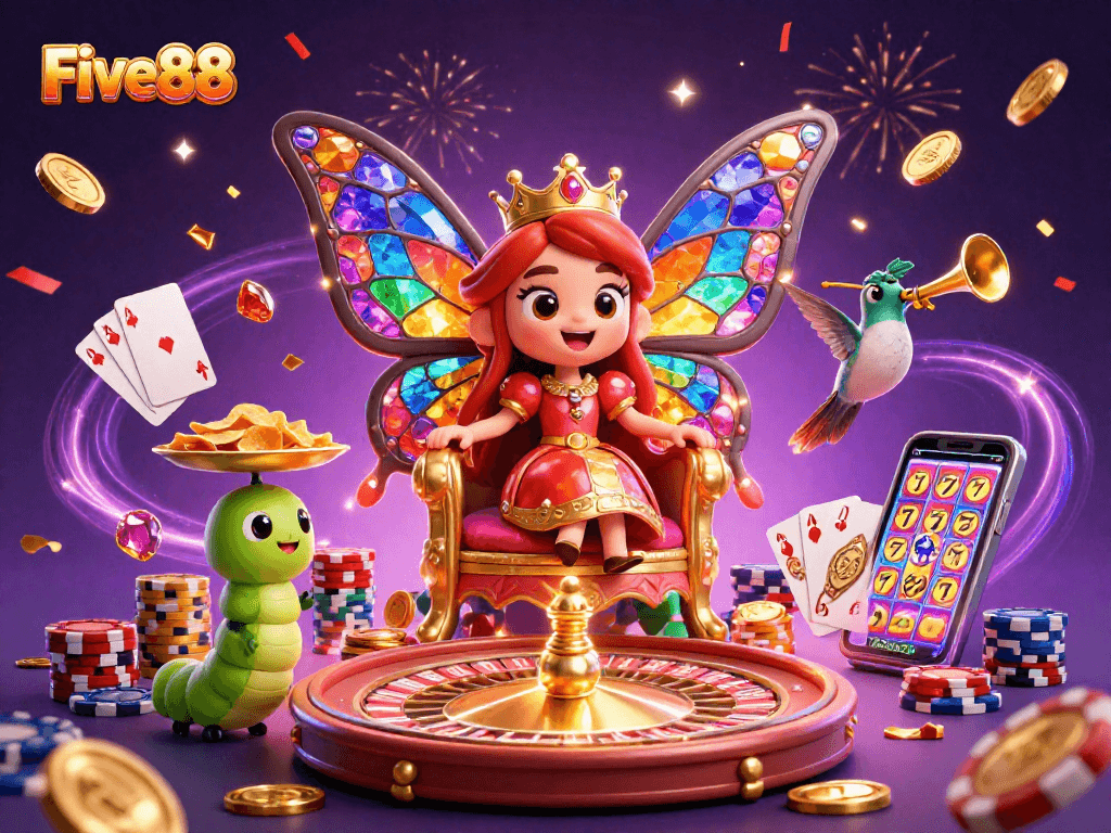 Experience winning with Five88's vibrant casino scene featuring a butterfly queen and rich gaming elements