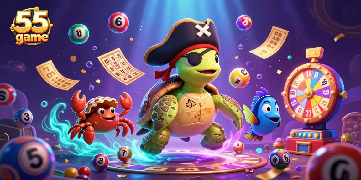 Join the adventure with the 55 club game as colorful lottery elements and underwater friends create excitement!