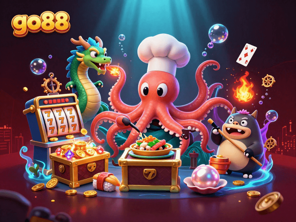 Experience go88's thrilling casino excitement with a vibrant sushi chef octopus preparing golden slots.