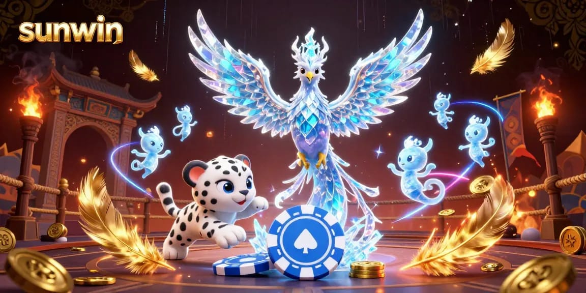 The stunning sunwin casino scene showcases a mystical ice phoenix, playful leopard, and dynamic sprites amidst sparkling chips.