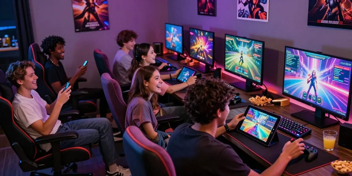 Players exploring interactive sex games in a vibrant gaming lounge setting.