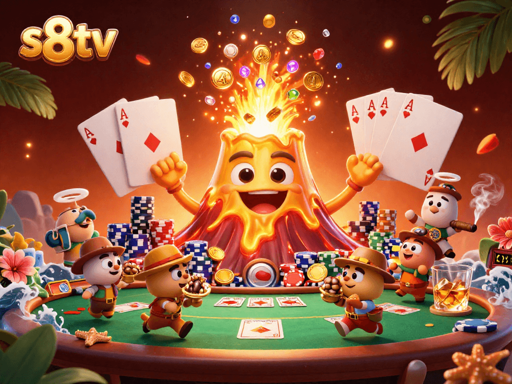Experience thrilling gameplay with s8tv at the vibrant poker table amidst gold and treasures.