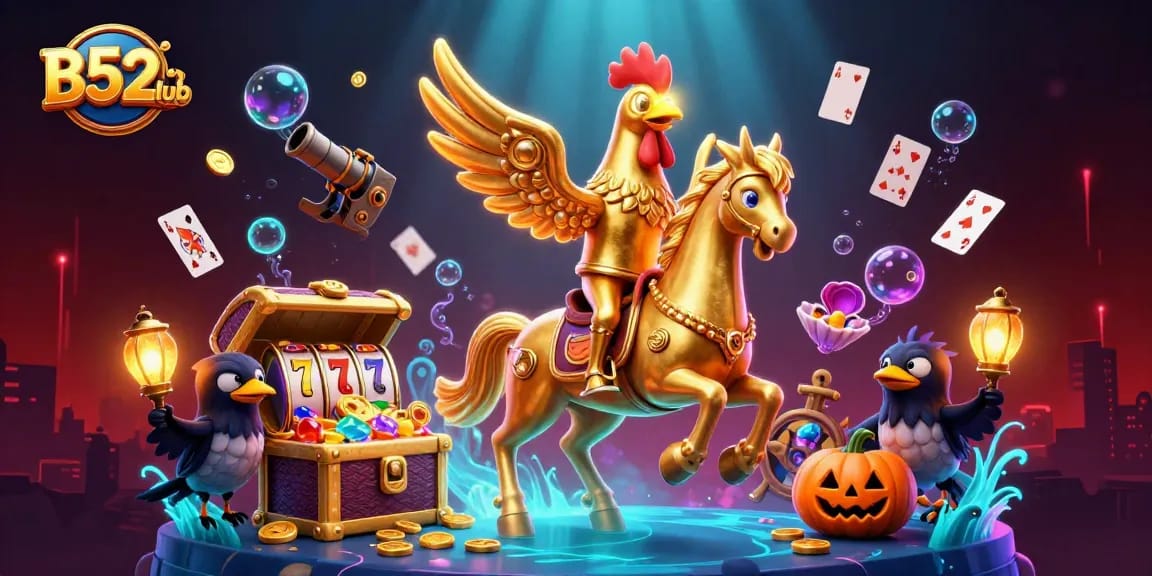 B52club immerses players in vibrant slots and casino adventure with a golden rooster and interactive game elements.