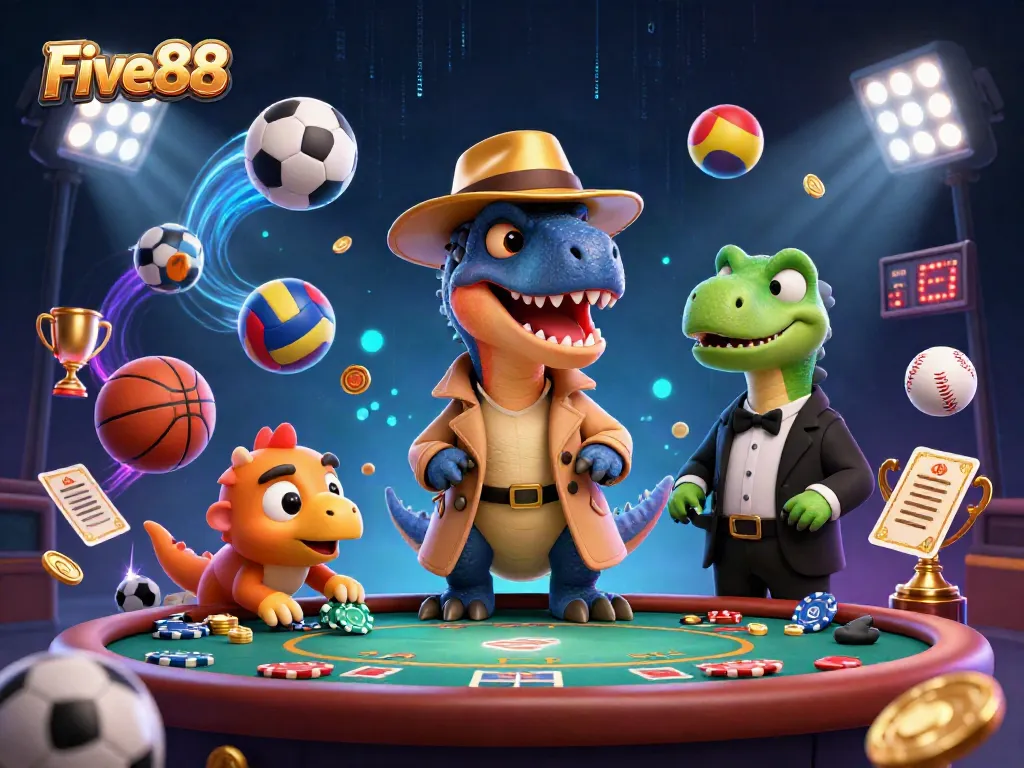 Experience the thrill of gambling with Five88, featuring an exciting casino scene full of animated characters and elements.