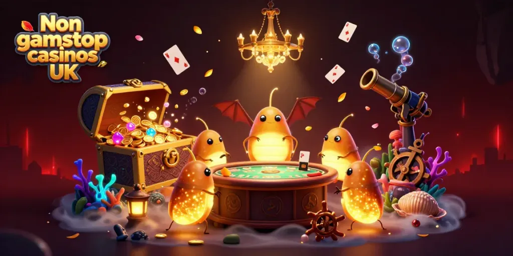 Experience excitement at Non gamstop casinos UK with a vibrant casino scene illuminated by glowworms and action-packed elements.