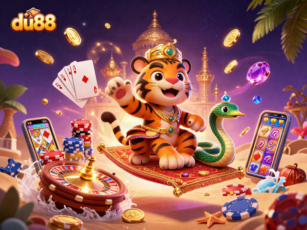 Experience excitement at du88 with an energetic casino scene of a tiger sultan on a carpet of poker chips.