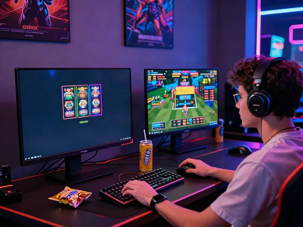 Engaged player enjoying Nbet online gaming at a vibrant setup with dual monitors showing casino games.