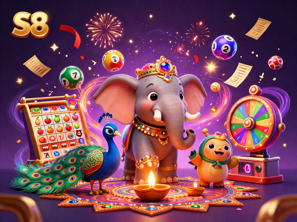 Engage with S8's vibrant online slot experience featuring a festive elephant and peacock amidst colorful gaming elements.