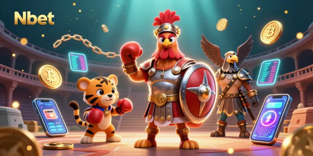 Nbet players strategizing wins with a gladiator rooster and tiger cub in an engaging casino scene
