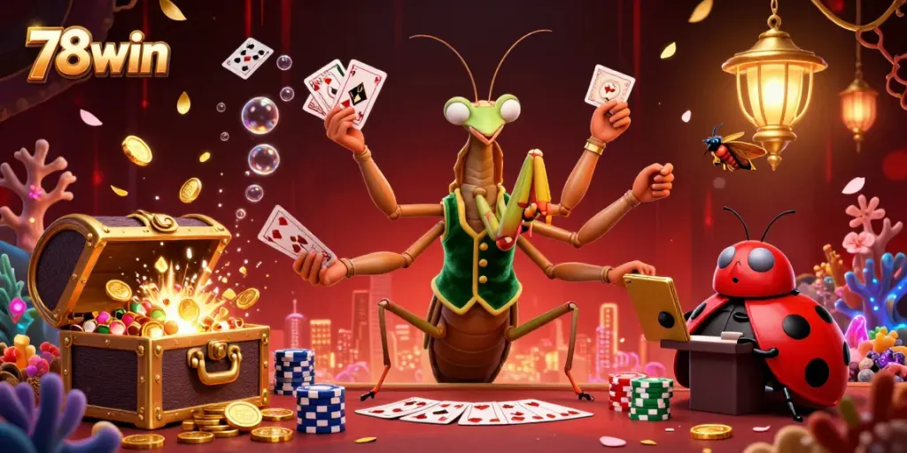 Play exciting casino games at 78win with a vibrant scene featuring animated characters and dynamic elements.