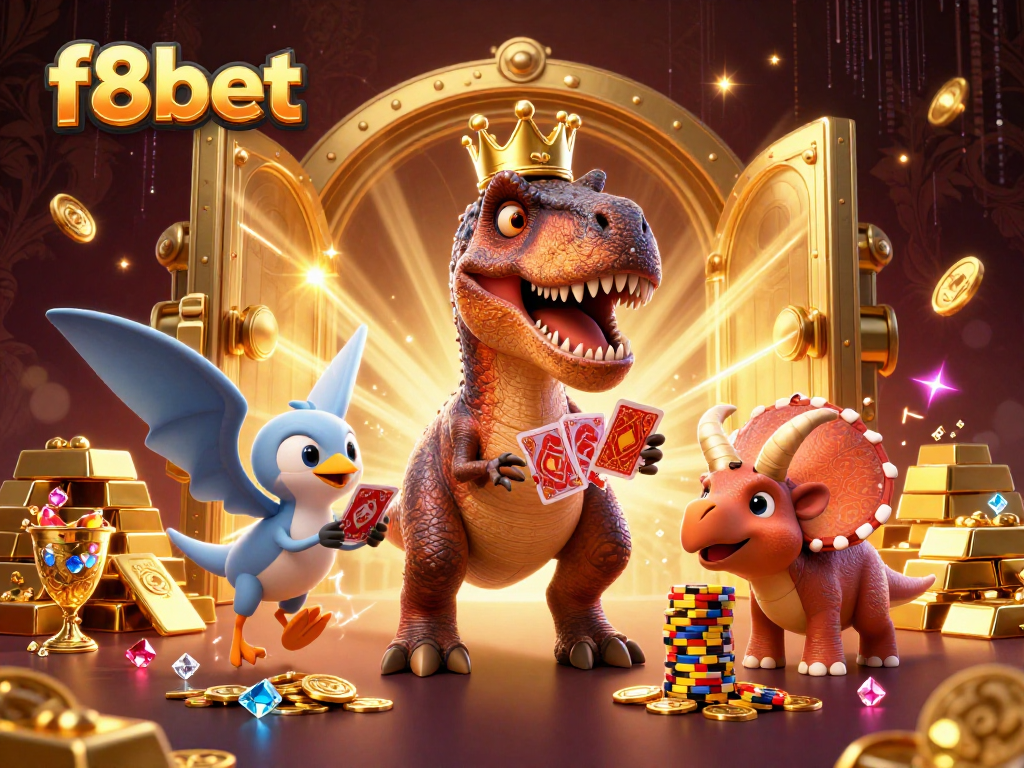 Experience the thrilling world of f8bet with a vibrant 3D casino illustration featuring playful dinosaur characters.