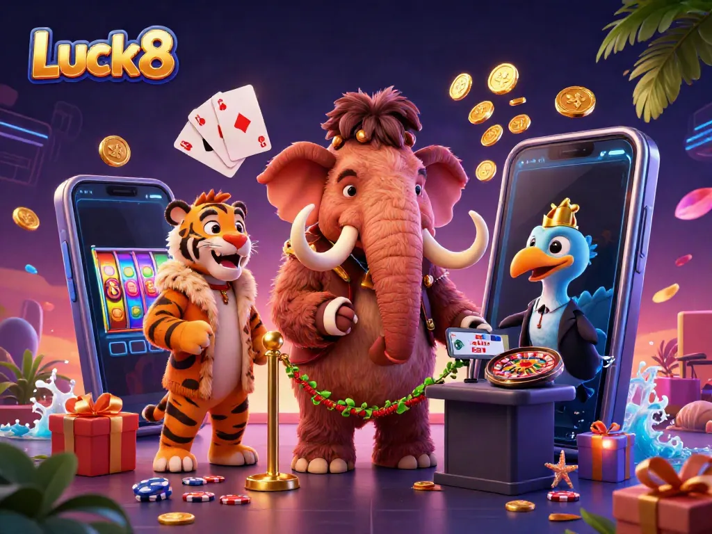 Luck8 bouncer checks IDs in vibrant casino scene with dynamic 3D characters and gaming elements.