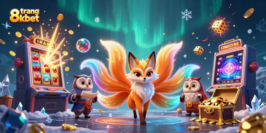 Experience the vibrant and colorful action of trang 8xbet with a spectacular jackpot celebration featuring a nine-tailed fox spirit and owl sage.