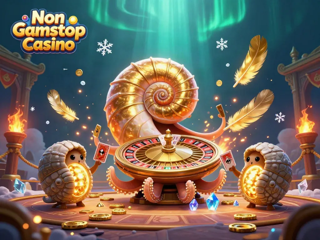Engage with the vibrant Non Gamstop Casino scene featuring a dazzling giant nautilus and glowing ammonite companions.