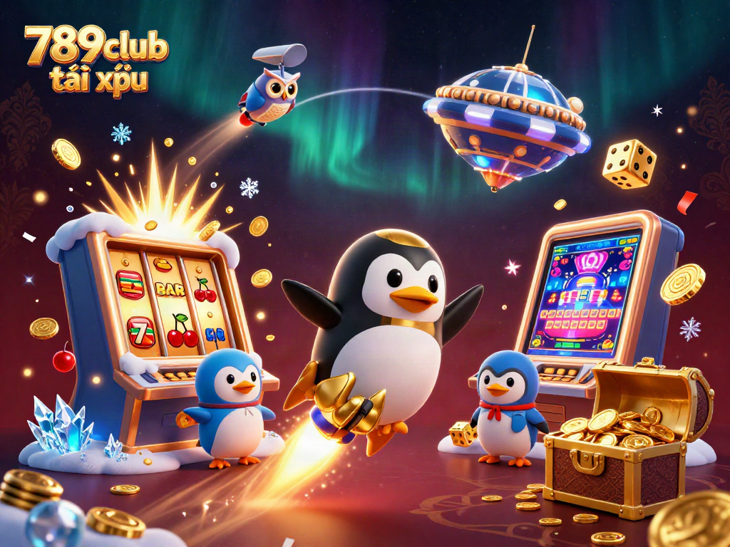 Immerse in the world of 789club tài xỉu with a dynamic casino scene featuring a rocket-powered penguin.