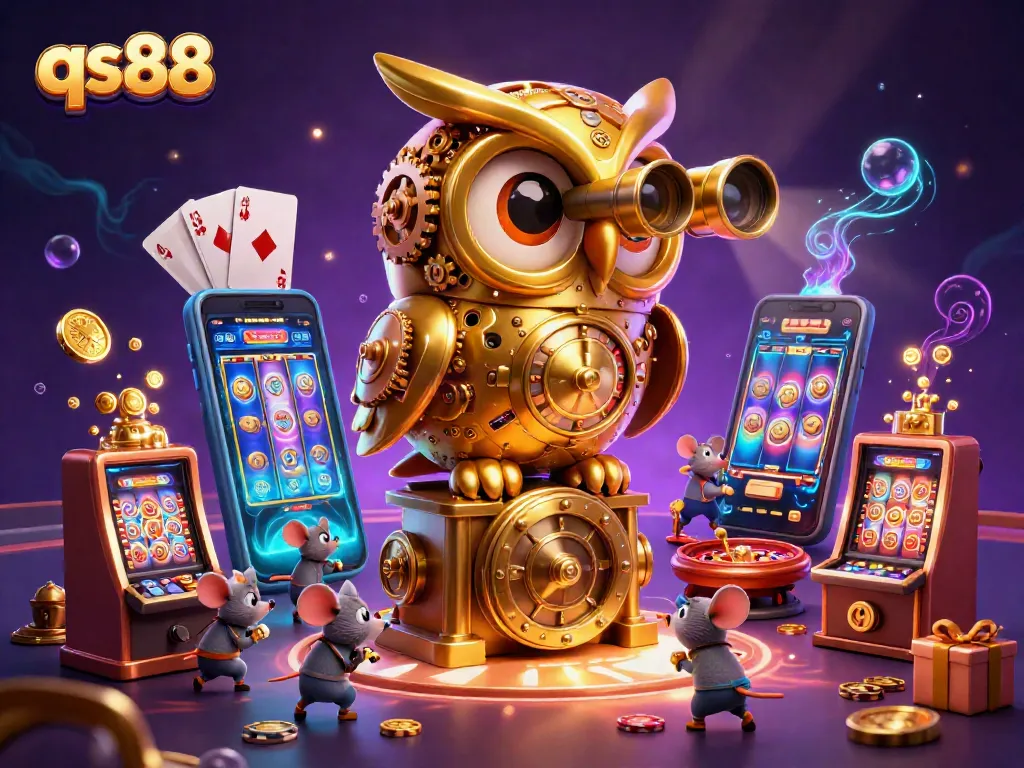 Engage with qs88's vibrant casino world featuring a golden owl observing bustling slot machines and dynamic game elements.