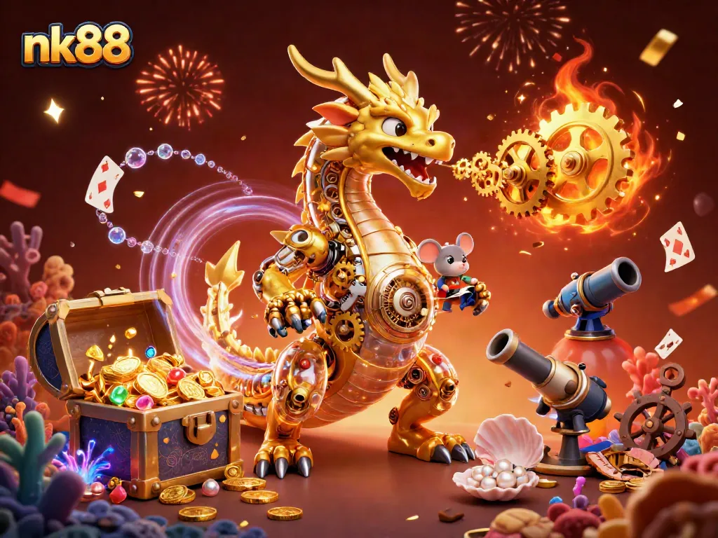 Experience thrilling nk88 gambling adventures with a golden dragon and vibrant casino treasures.