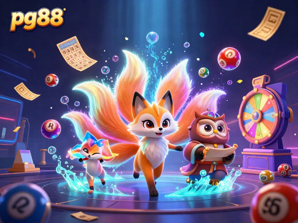 Engage with pg88's thrilling gaming experience featuring a vibrant fox spirit and wise owl amidst magical elements.