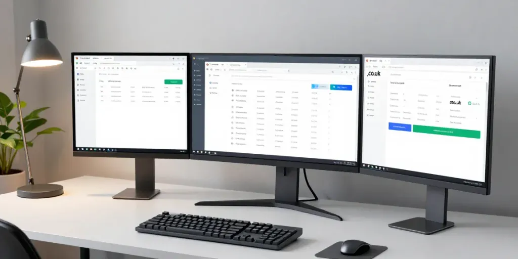 Affordable .co.uk domain registration interface in a modern developer workspace, showcasing cloud computing and digital platforms.