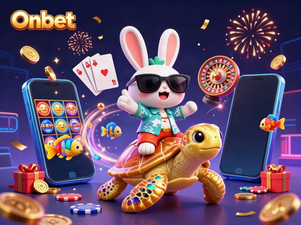 Engage with Onbet's thrilling casino entertainment featuring a lucky rabbit and golden sea turtle.