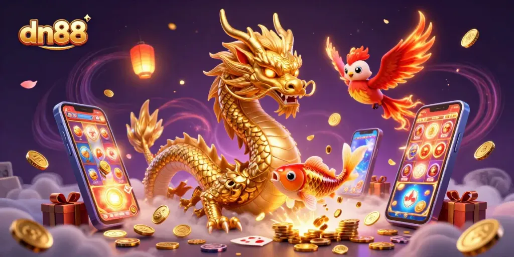 Engage with dn88's vibrant casino scene featuring a golden dragon and a lucky koi fish with immersive game elements.