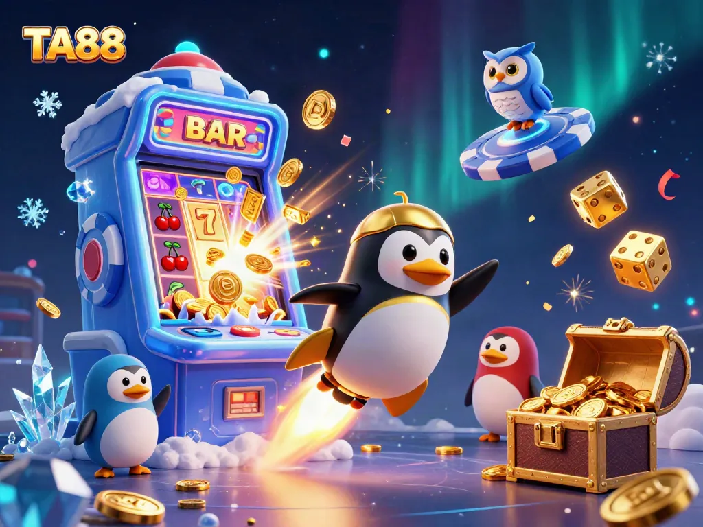 Experience thrilling gaming adventures at TA88 with a golden penguin, giant poker chip, and explosive slot machine in this vibrant 3D illustration.