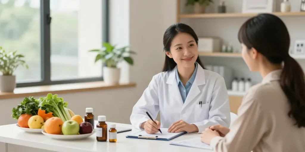 Nutritionist Surrey providing personalised health consultation with fresh produce and supplements in a welcoming clinic.