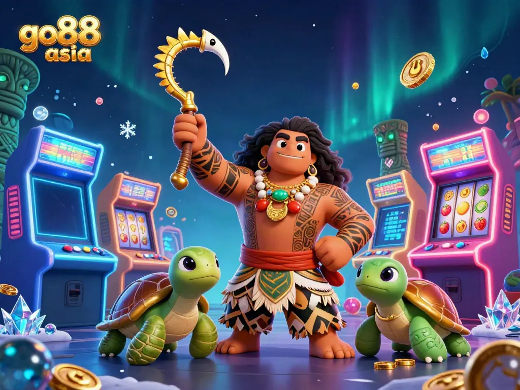 Engage with go88asia's vibrant 3D casino world featuring colorful arcade games and a Polynesian demigod.