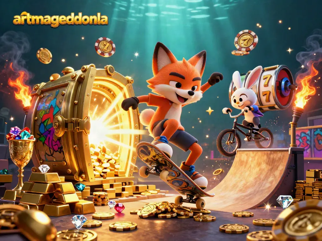 Watch the cartoon fox perform tricks at artmageddonla casino, surrounded by treasures and vibrant symbols.
