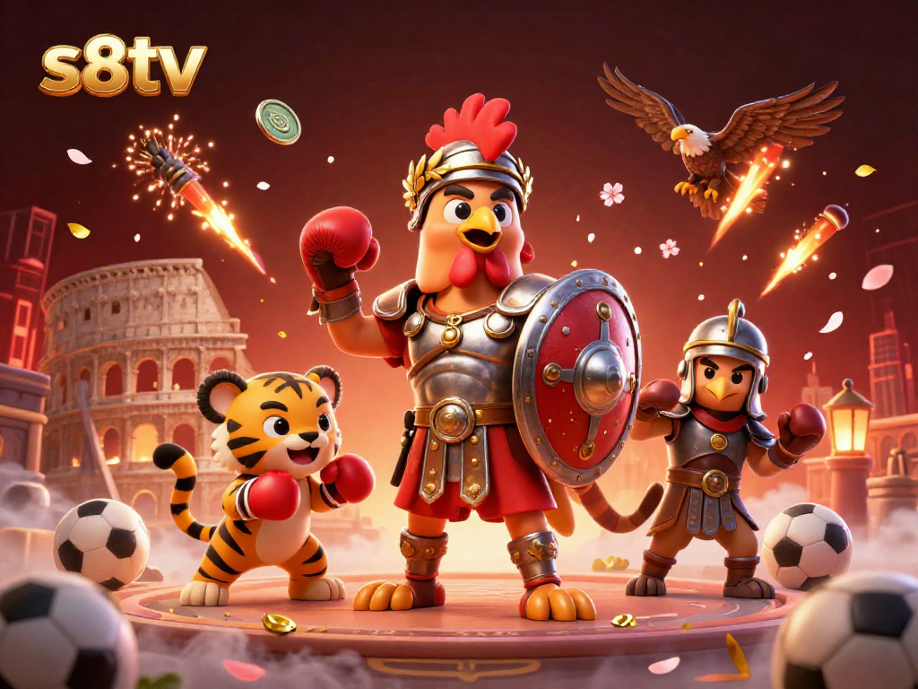 Experience thrilling sports betting at s8tv with a dynamic 3D illustration showcasing engaging characters and gambling elements.