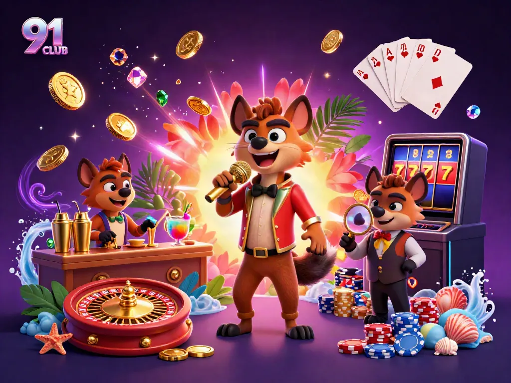 Experience the excitement of 91 CLUB with a lively casino scene featuring hyenas in comedic roles.