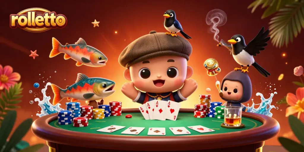 Experience rolletto's charming casino adventure with cartoon Nessie and friends at a poker table.