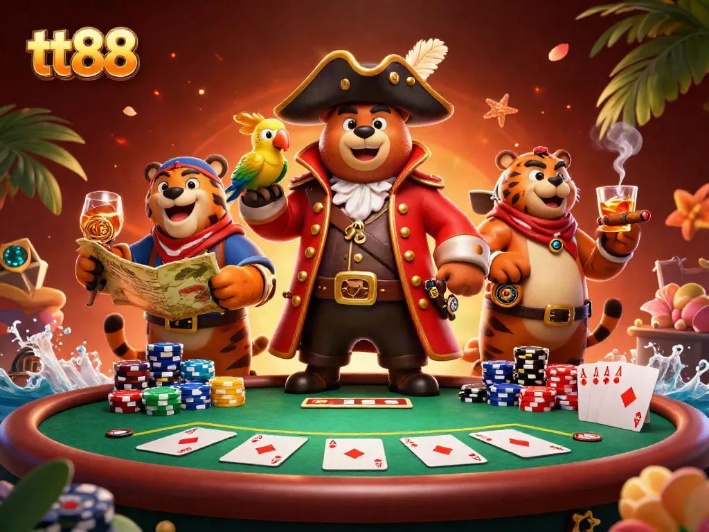 Engage in high-stakes poker with tt88 as a pirate captain and fierce companions gather around the table.
