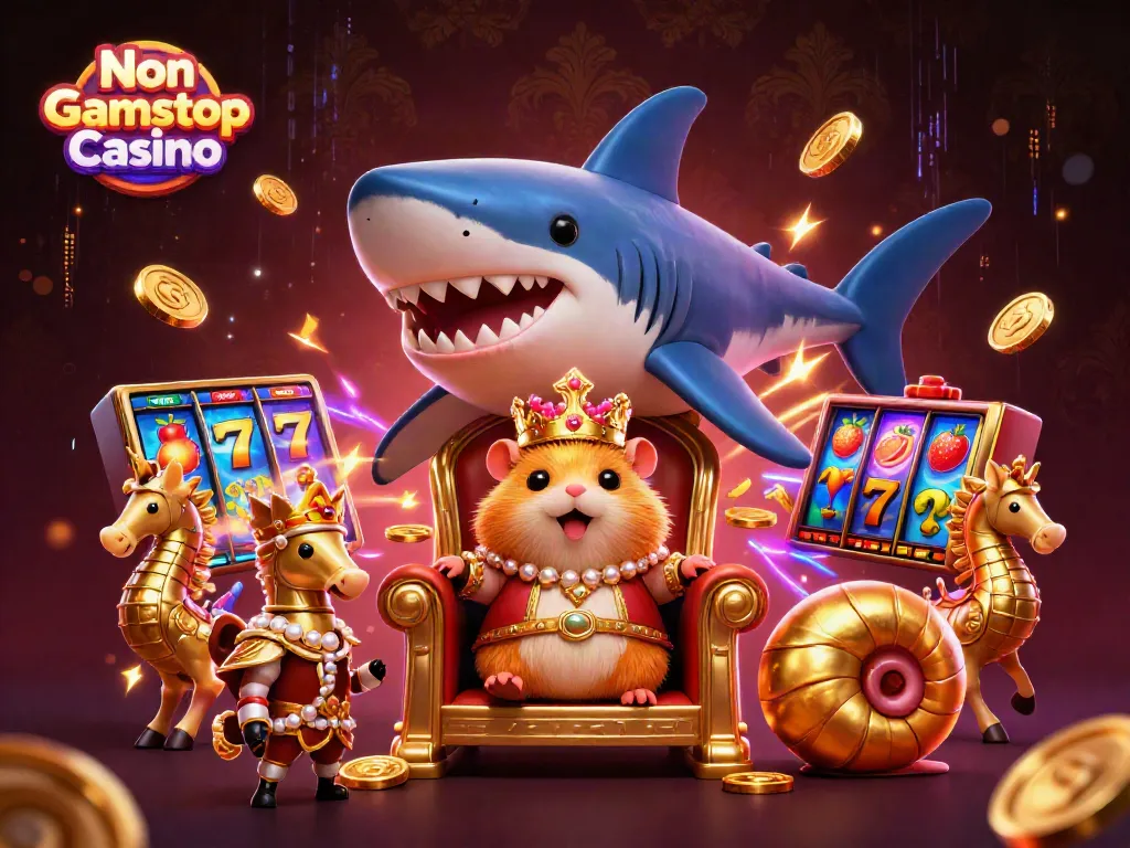 Experience Non Gamstop Casino thrills with vivid slots, a hamster king throne, and energetic game elements.