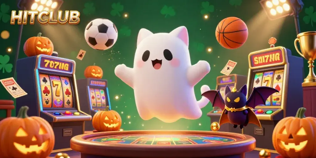 Join the fun at HITCLUB with a friendly ghost cat and a bat in a lively casino environment, capturing the excitement of gaming.
