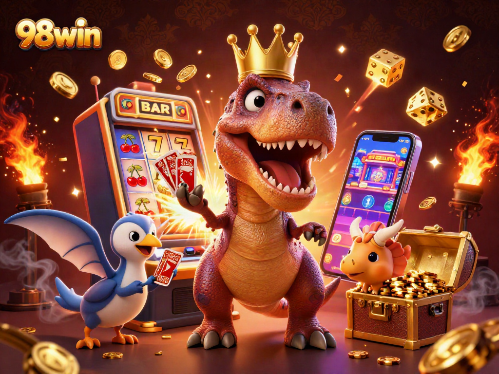 Experience a vibrant casino party with 98win as T-Rex shuffles cards, surrounded by thrilling game elements.
