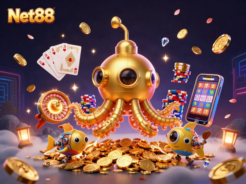 Engage with Net88's thrilling gaming world, where a golden kraken submarine meets vibrant casino elements.