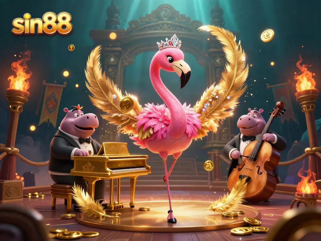 Experience the vibrant world of sin88 with a lively casino scene featuring a flamingo singer and hippo bassist.