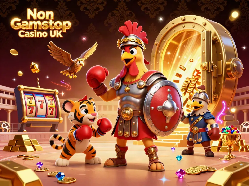Join the thrilling experience at Non Gamstop Casino UK with vibrant visuals of cartoon characters in a bustling scene.